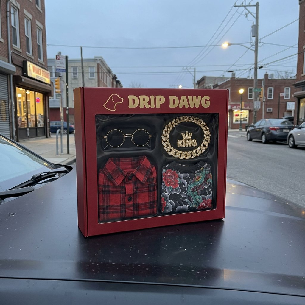 DRIP DAWG gift box on a car hood