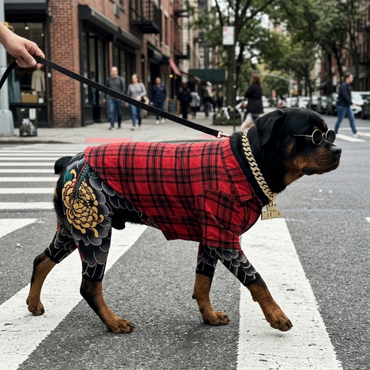 Rottweiler in the full DRIP DAWG kit crossing a city street