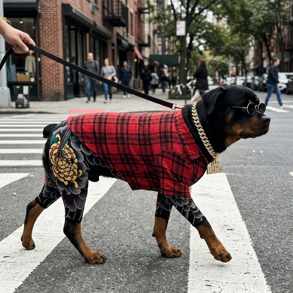 Tattoo sleeve dog bodysuit on a Rottweiler