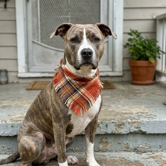 Plaid fringe dog bandana on a pit bull
