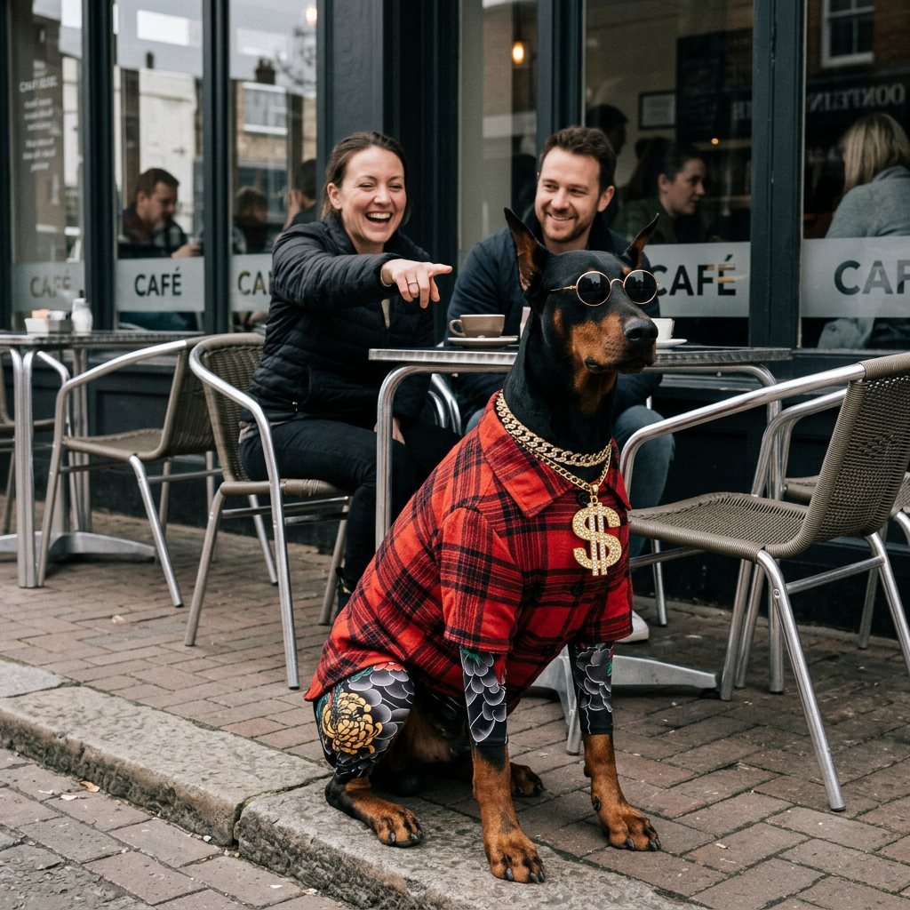 Doberman in the DRIP DAWG kit at a cafe, people laughing