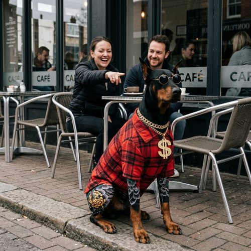Red and black plaid flannel dog shirt on a Doberman