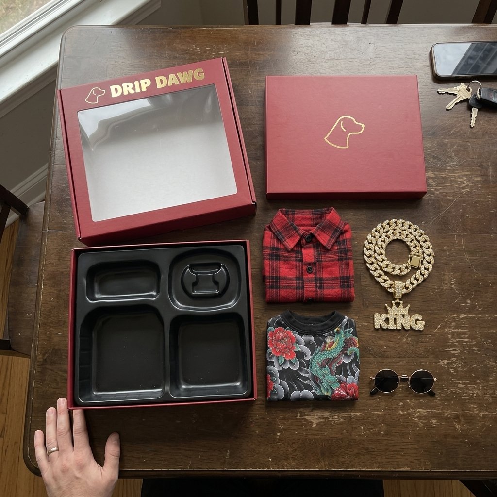 DRIP DAWG kit unboxed: flannel, tattoo bodysuit, KING chain, shades