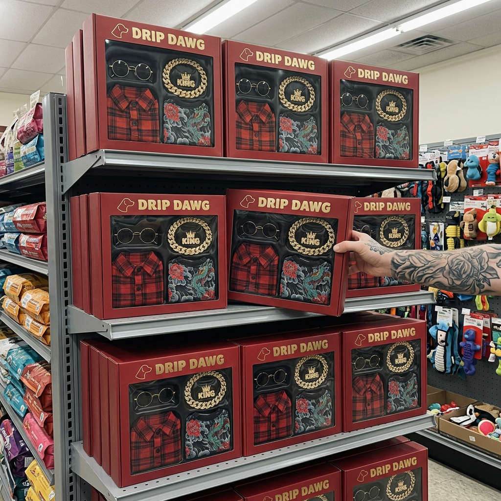 Pet store shelf stacked with DRIP DAWG boxes