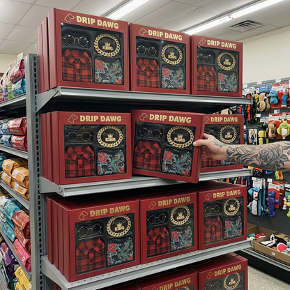 Pet store shelf stacked with DRIP DAWG boxes